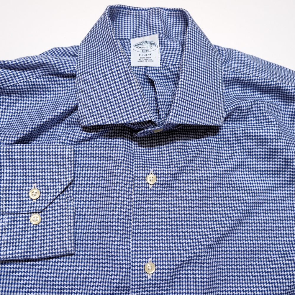 BROOKS BROTHERS Dress Shirt Mens 16.5 36/37 Blue Regent Houndstooth Excellent